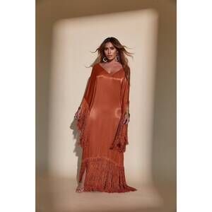 NEW KADIMAH sol fringe kaftan in burnt orange